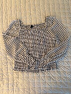 Ann Taylor Gingham Smocked Puff-Sleeve Top